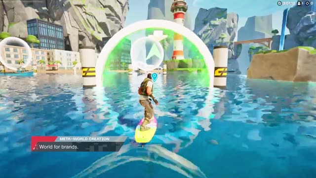 Player riding a water course in a VR experience built by Veles